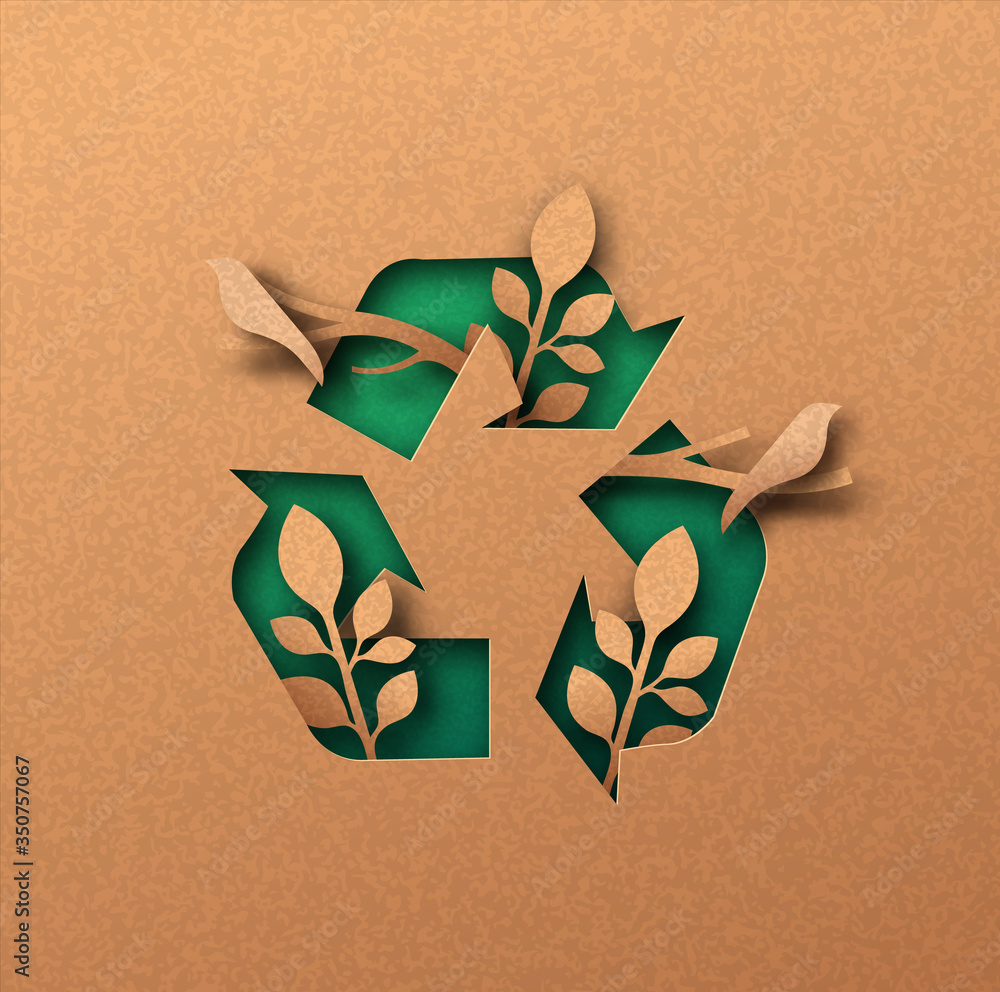 Green recycle icon eco papercut nature concept - obrazy, fototapety, plakaty 