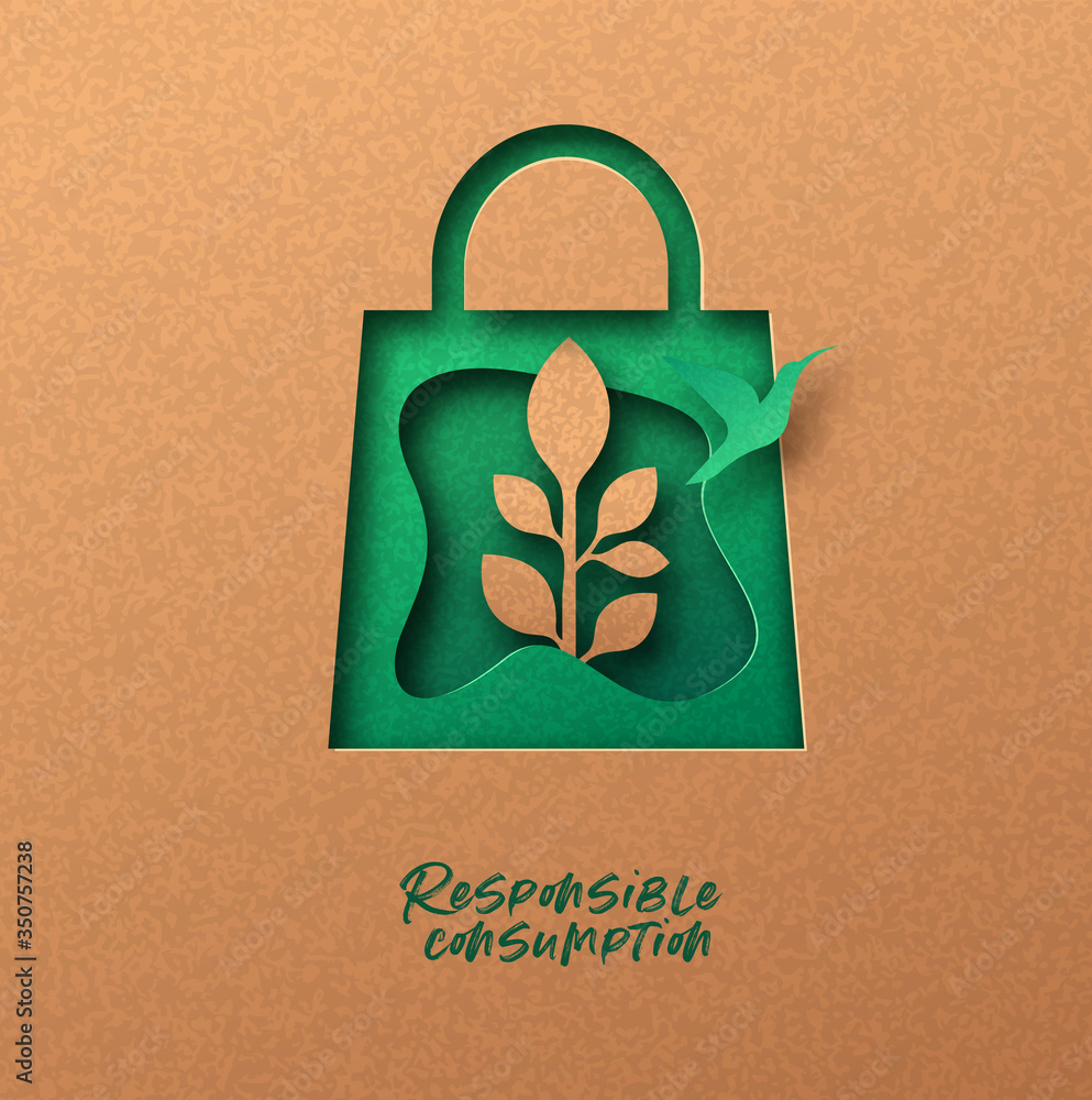 Responsible consumption green 3d papercut concept - obrazy, fototapety, plakaty 
