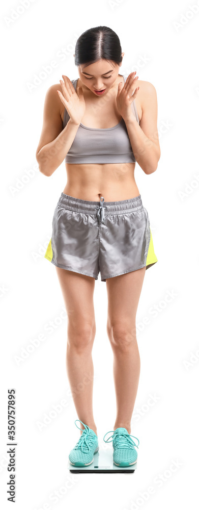 Shocked young woman measuring her weight against white background