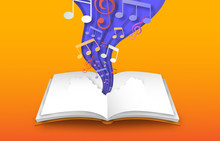 Open Book With 3d Papercut Color Music Notes