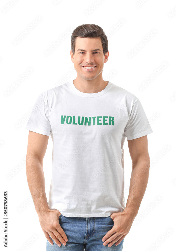 Handsome male volunteer on white background