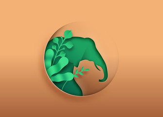 Sticker - Elephant animal Paper cut with green eco leaf