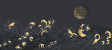 Vector Illustration Of An Abstract Background Japanese  Golden Wave In Dark Night With Half Moon 