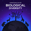 earth tree and animal in the shadow and dark blue sky vector concept for international day for biological diversity