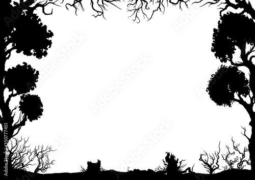 Fotografía Decorative horizontal forest frame/ Illustration frame with trees and shrubs sil