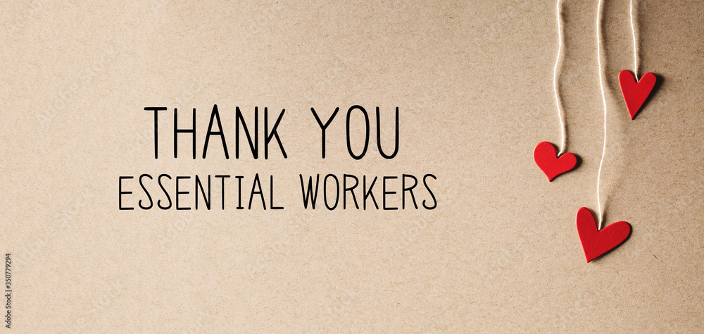 Thank You Essential Workers message with handmade small paper hearts - obrazy, fototapety, plakaty 