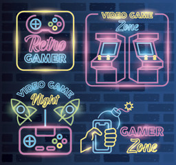 Wall Mural - retro video game neon with set icons