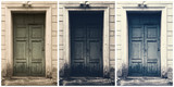 Fototapeta Londyn - Wooden vintage door. Ancient entrance concept background. Grunge aged and textured doorway backdrop.