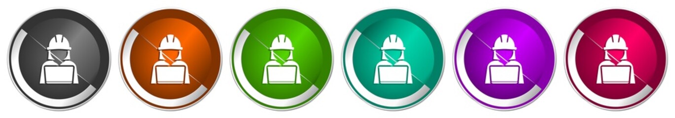 Poster - Engineer with laptop icon set, worker, manager silver metallic chrome border vector web buttons in 6 colors options for webdesign