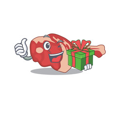 Sticker - joyful leg of lamb cartoon character with a big gift box