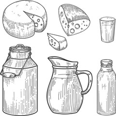 Illustration of milk bottles, cheese in engraving style. Farming dairy products. Design element for logo, label, emblem, sign, badge. Vector illustration