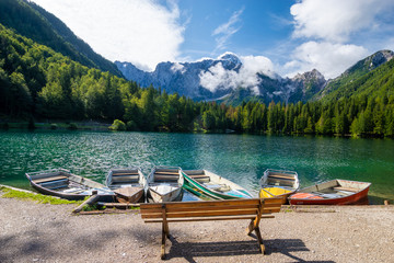 Wall Mural -  beautiful morning at Lake Laghi di Fusine in the Julian Alps in Italy