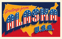 Greetings From Alaska USA. Retro Style Postcard With Patriotic Stars And Stripes Lettering And United States Map In The Background. Vector Illustration.