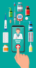 Wall Mural - Mobile phone with internet pharmacy shopping app. Pills and bottles, medicine online. Medical assistance, help, support online. Health care application on smartphone. Vector illustration in flat style