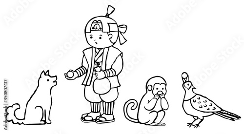 桃太郎伝説 桃太郎と猿と犬とキジがきびだんごを食べているイラスト モノクロ Ilustracion De Stock Adobe Stock