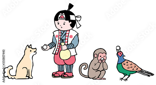 桃太郎 犬 猿 キジがきびだんごを食べているイラスト Stock Illustration Adobe Stock