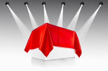 Presentation view. Red tablecloth draped over a product, subject with soffit lighting. Vector illustration. Ready template to use for for presentations, conferences, design, promo. EPS10.
