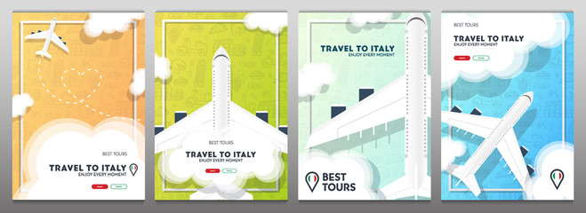 Wall Mural - Set of Travel to Italy banners with plane and clouds. Hand draw doodle background.