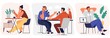 © Good Studio - Set of cartoon smiling people listening and recording audio podcast or online show vector flat illustration. Joyful person radio host interviewing guest, mass media broadcasting isolated on white
