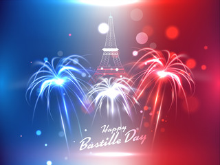 Wall Mural - France Tricolor Fireworks Bokeh Background with Eiffel Tower Monument for Happy Bastille Day Celebration.