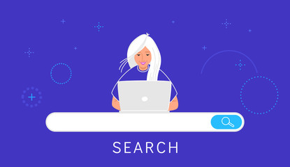 Wall Mural - information searching online with laptop. flat line vector illustration of cute woman sitting at wor