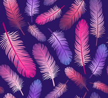 Pattern With Multicolored Feathers On A Purple Background. Suitable For Curtains, Wallpaper, Fabrics, Wrapping Paper.