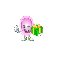 Poster - Happy smiley pertussis cartoon mascot design with a gift box