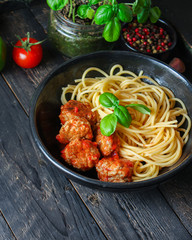 pasta spaghetti meatballs and tomato sauce Menu concept healthy eating. food background top view copy space