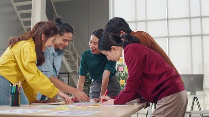 Asian businessmen and businesswomen meeting brainstorming ideas about creative web design plan application and develop template layout for mobile phone project working together in office. Slow motion.