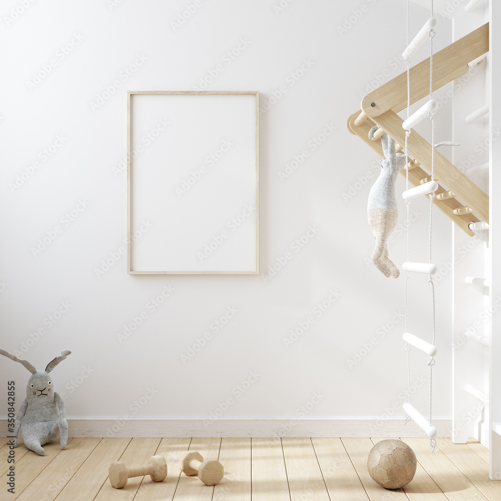 Mock up frame in children room with natural wooden furniture, Scandinavian style interior background, 3D render - obrazy, fototapety, plakaty 