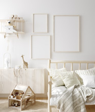 Mock Up Frame In Children Room With Natural Wooden Furniture, Scandinavian Style Interior Background, 3D Render