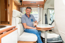 Man In Campervan Motor Van Home Vanlife Vacation In Camper RV Car