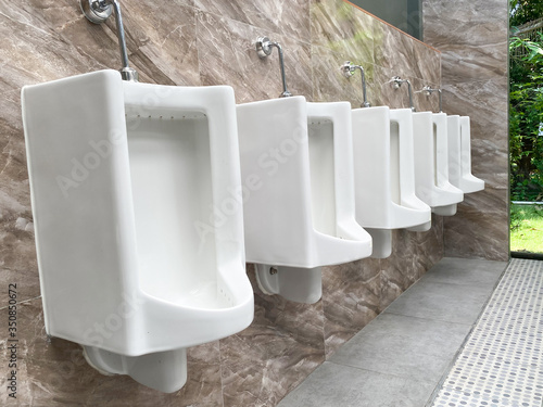 Cuadros en Lienzo Men's white urinals design, Close up row of outdoor urinals men public toilet, Urinal concept