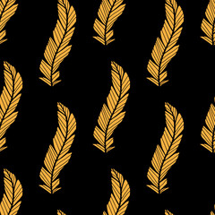  Feathers seamless pattern in yellow color. Fashion textile design. Wrapped paper print. Minimalistic wallpaper background texture.