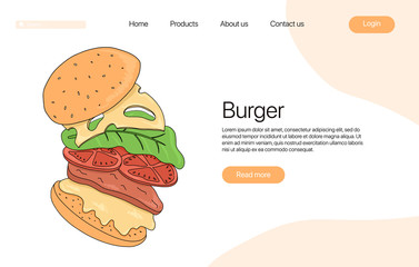 Hamburger vector cartoon landing page template. American fast food cheeseburger.