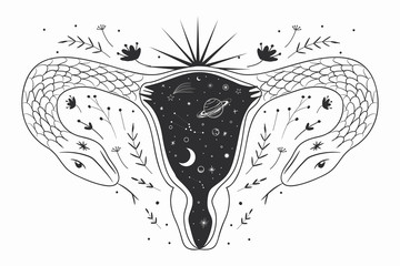 abstract image of a vagina. outer space, planets, moon and stars. snake tempter and plant herbs. printing on fabric and paper. radical femenism. vector