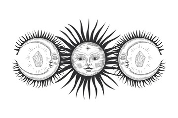 Vintage retro vintage engraving style. image of the sun and moon phases. culture of accultism. Vector graphics