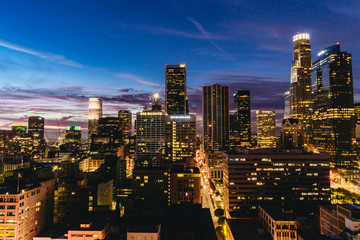 Downtown Los Angeles skyline at night.