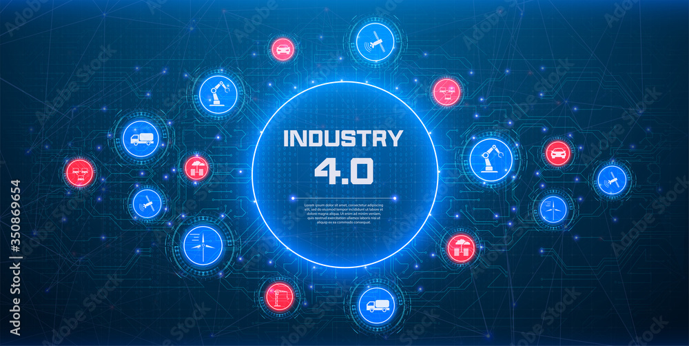 Concept of Industry 4.0. Automation, the flow of the icons, data exchange technology in production. Internet of things (IoT) networking concept for connected devices. Spider web of network connections - obrazy, fototapety, plakaty 