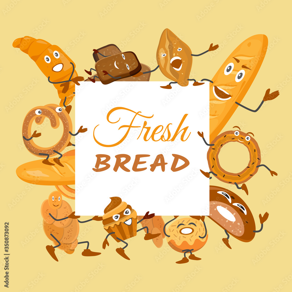 Cute background with bread characters. Wheat, rye and whole grain bread ...