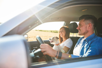 Young couple and their dog traveling by car in summertime.