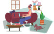 © wenich - Woman with a little cat sleeping on the sofa and dog. Work Frome Home with a Notebook, Smartphone and Documents. Stop Virus epidemic outbreak. Reduce the epidemic concept. Flat Design Illustration