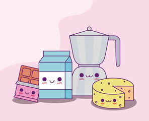 Wall Mural - Kawaii coffee kettle milk box chocolate and cheese vector design