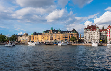 Wall Mural - Panoramic view on buildings on Strandvagen embankment, Stockholm, Sweden. August 2018