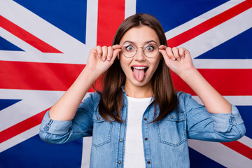 Canvas Print - Close-up portrait of her she nice attractive lovely funky girlish glad cheerful cheery girl touching specs grimacing having fun isolated over british stripes flag background