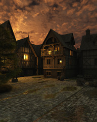 Fototapete - Illustration of a street scene set in a European town during the Middle Ages or Medieval period just after sunset, 3d digitally rendered illustration