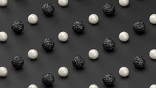 Black, White Pearls, Balls, Dark Background, Minimalist Pattern Composition Top View. Geometric Shapes Background, Isometric Decorative Elements. Isometric Shiny Textured Beads, Minimal Modern Design.