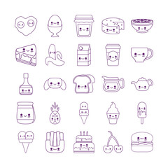 Sticker - Kawaii food cartoons line style icon set vector design