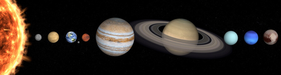 Wall Mural - solar system planets in outer space. mercury, venus, earth with moon, mars, jupiter, saturn, uranus,