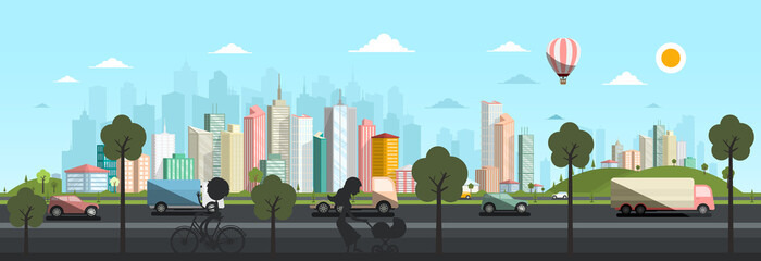 Wall Mural - Vector City Illustration with People Silhouettes, Trees, Cars on Street, Park and Skyscrapers Buildings on Background.